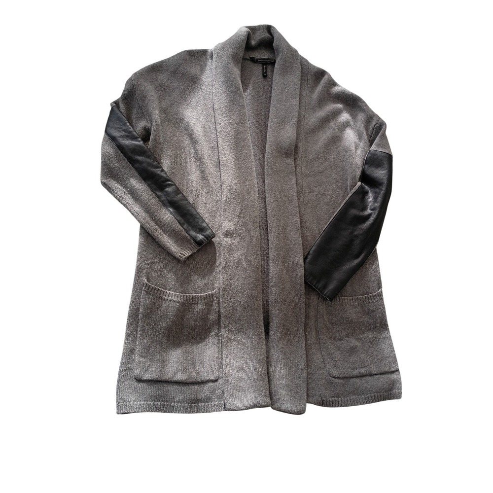 BCBGMAXAZRIA Gray Open Front Cardigan Faux Leather Sleeve Knit Sweater Fits S/M - Picture 4 of 10